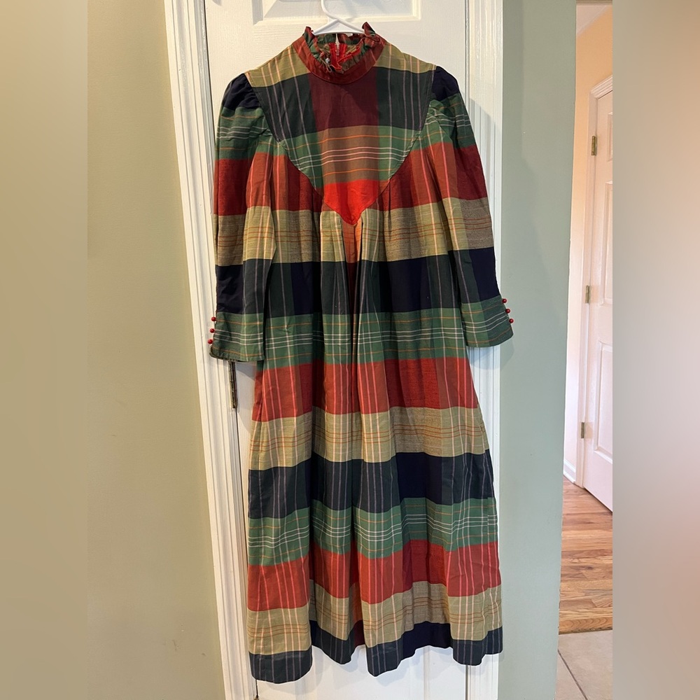 Vintage High Neck Multicolor Plaid Long Dress